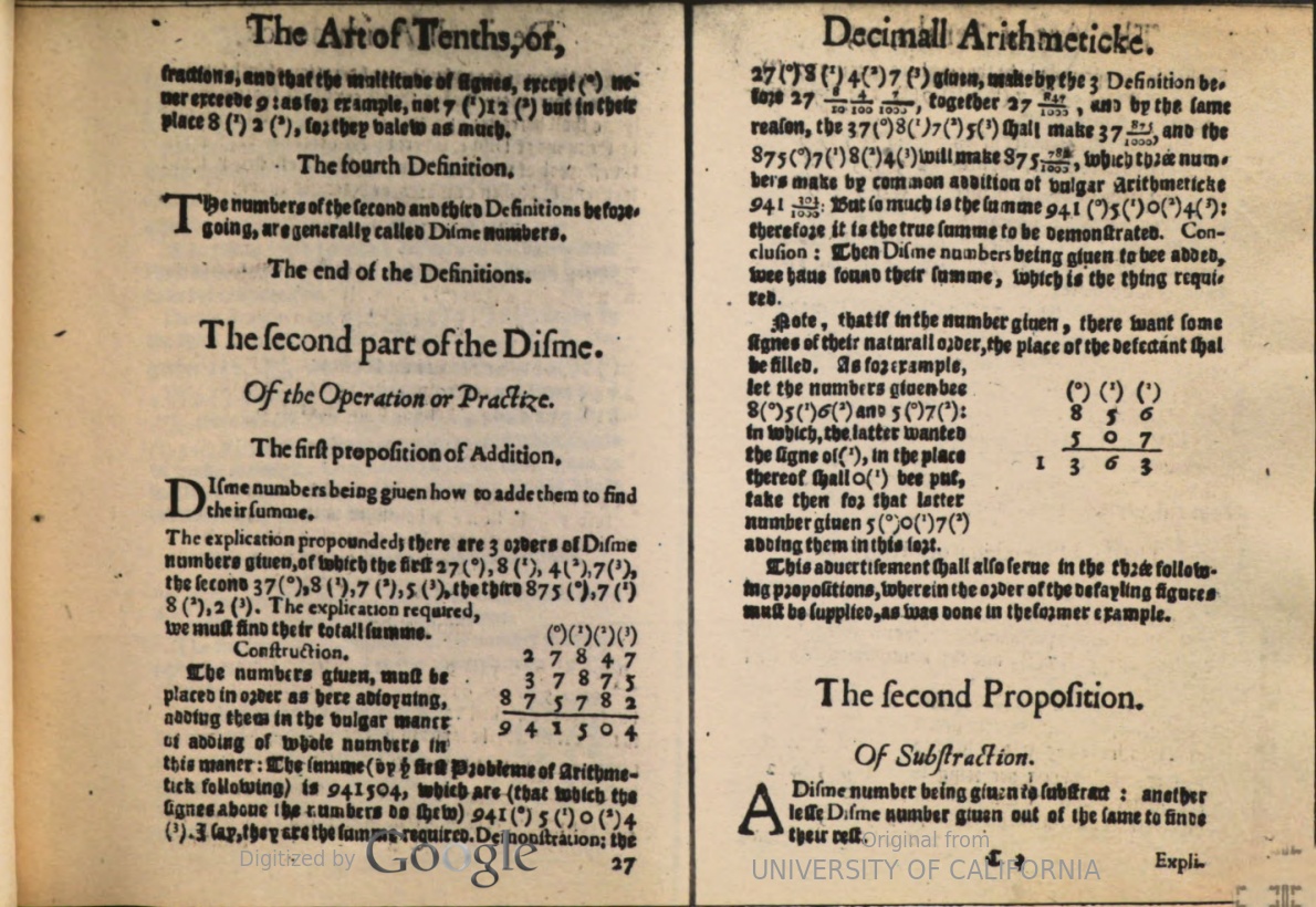 Second page of decimal definitions in Disme, translated by Robert Norton in 1608.