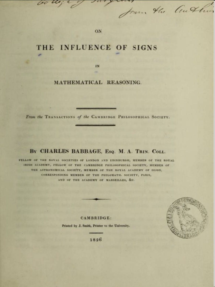 Title page for Babbage's article, “On the influence of signs in mathematical reasoning.”