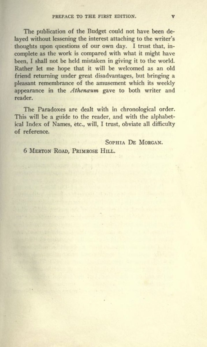 Third page of Sophia's preface to De Morgan's Budget of Paradoxes (1915).