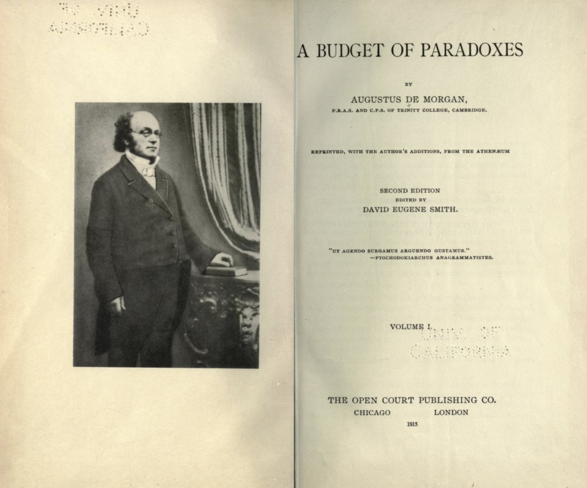 Title page for D. E. Smith's edition of De Morgan's Budget of Paradoxes (1915).