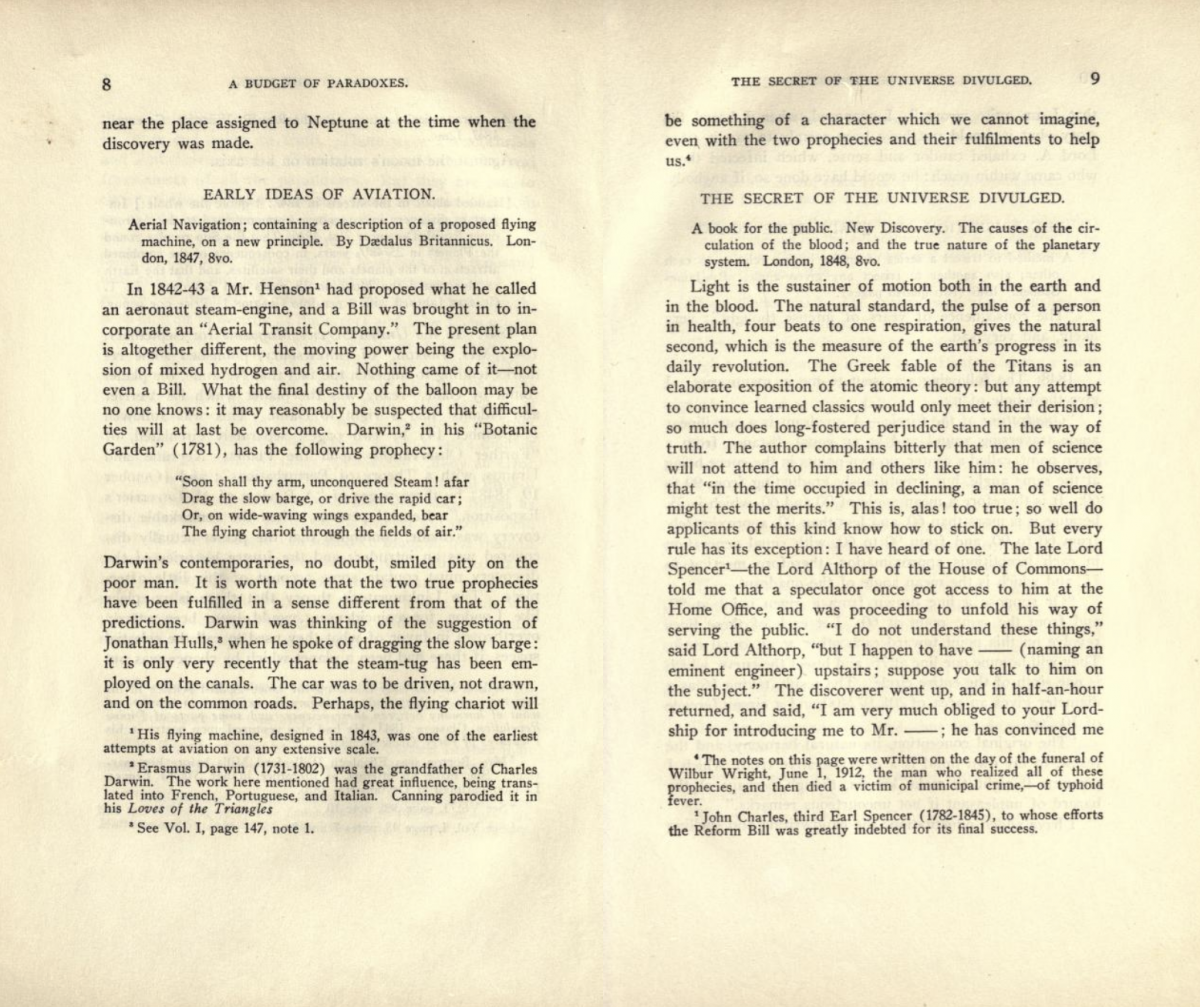 Pages 8-9 from volume 2 of D. E. Smith's edition of De Morgan's Budget of Paradoxes (1915).