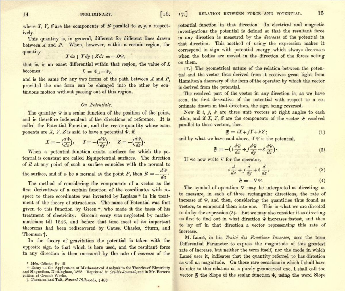Pages 14-15 from volume 1 of James Clerk Maxwell's 1873 Treatise on Electricity and Magnetism.