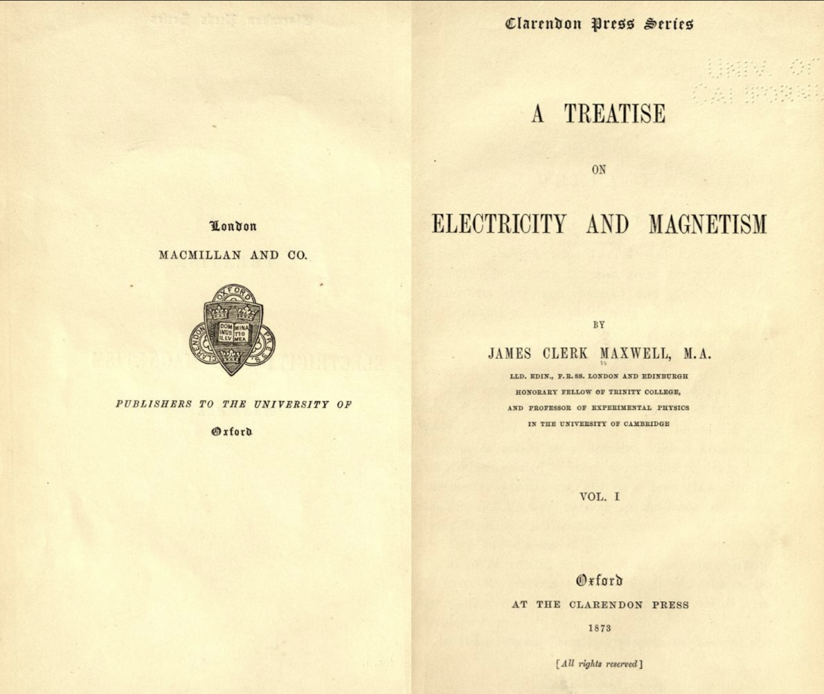 Title page of volume 1 of James Clerk Maxwell's 1873 Treatise on Electricity and Magnetism.