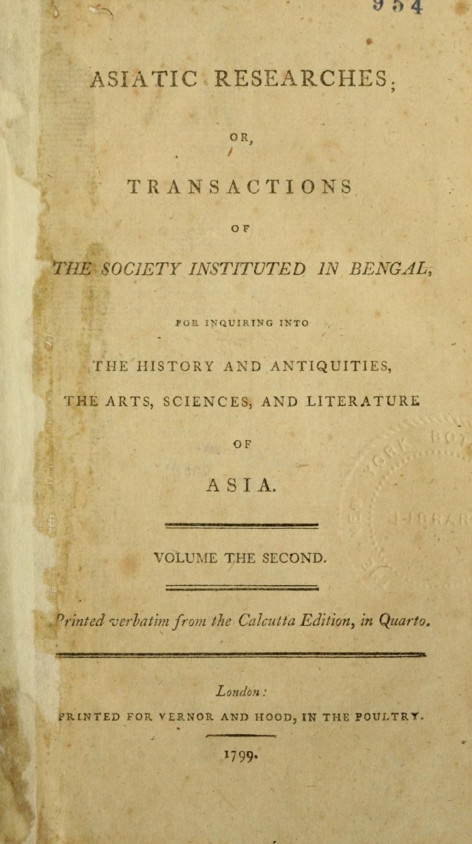 Title page for Asiatic Researches, volume 2 (1799).