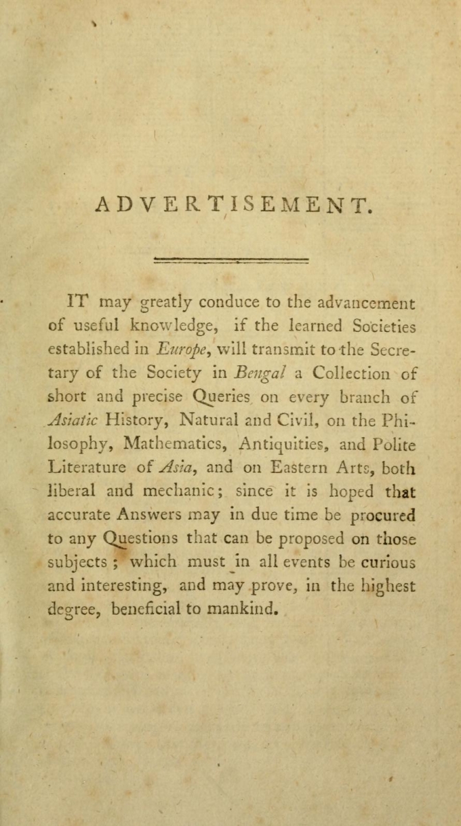 Advertisement for Asiatic Researches, volume 2 (1799).