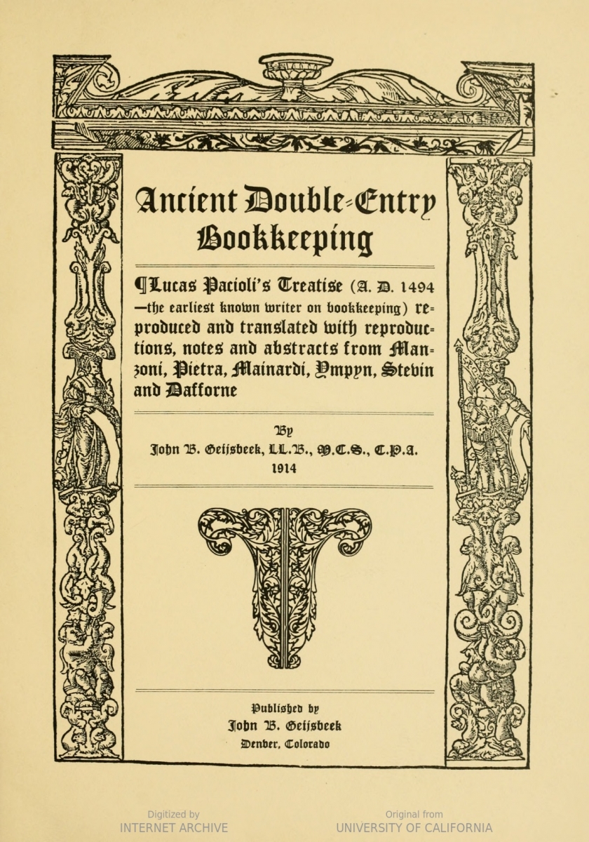 Title page from John Bart Geijsbeek's 1914 Ancient Double-Entry Bookkeeping.