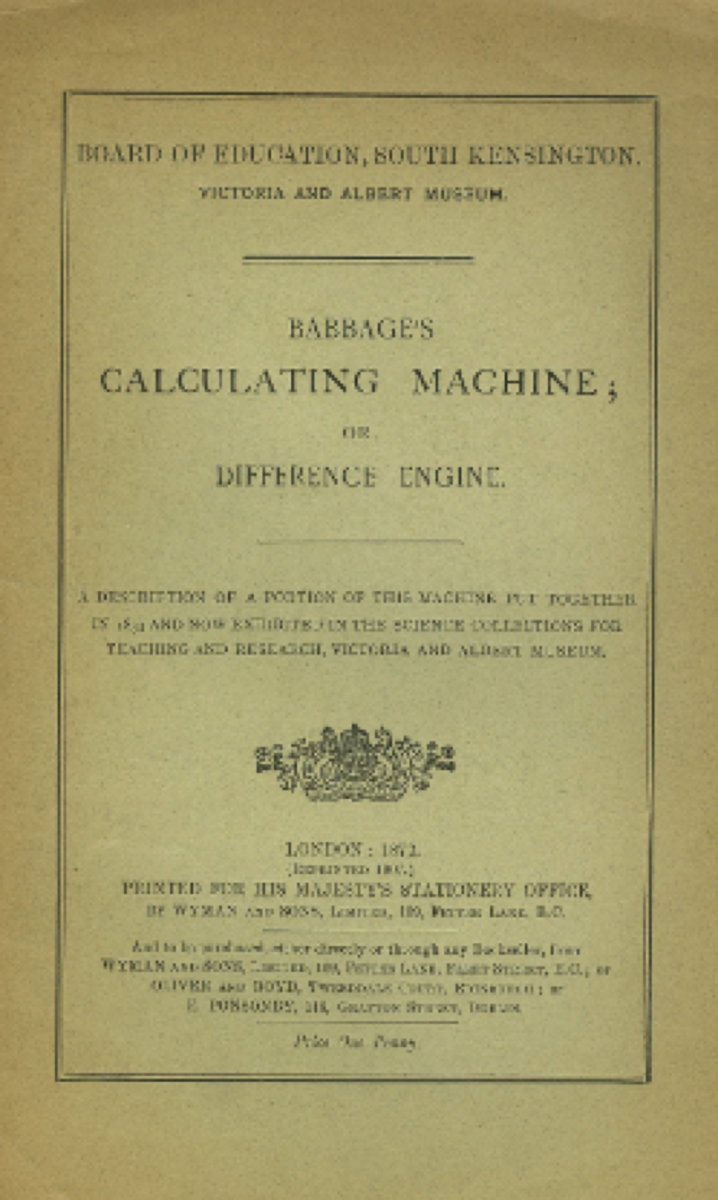 Cover of Babbage's Calculating Machine (1872).