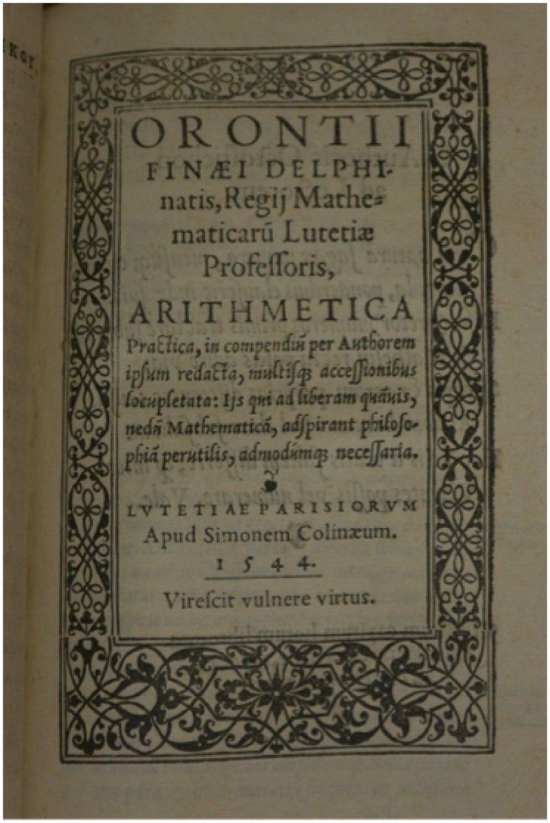 Title page from 1544 printing of Oronce Fine's arithmetic.