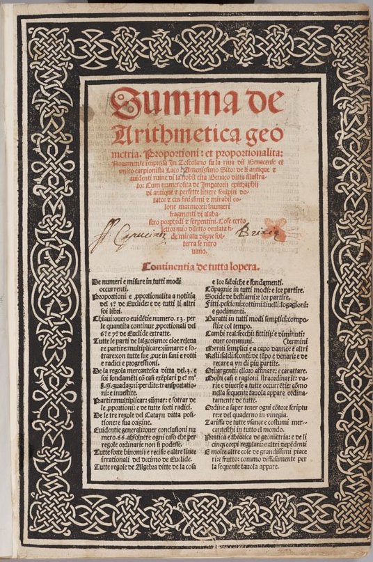 Title page of Pacioli's 1494 Summa de Arithmetica.