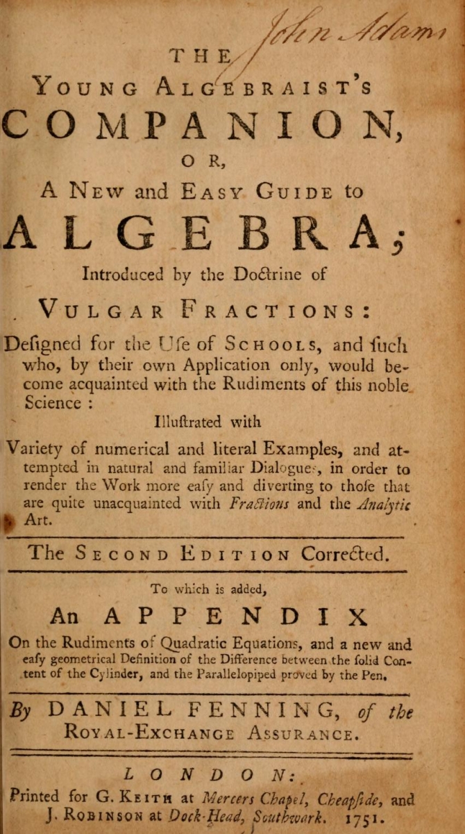 Title page of Fenning's 1751 The Young Algebraist's Companion, autographed by John Adams.
