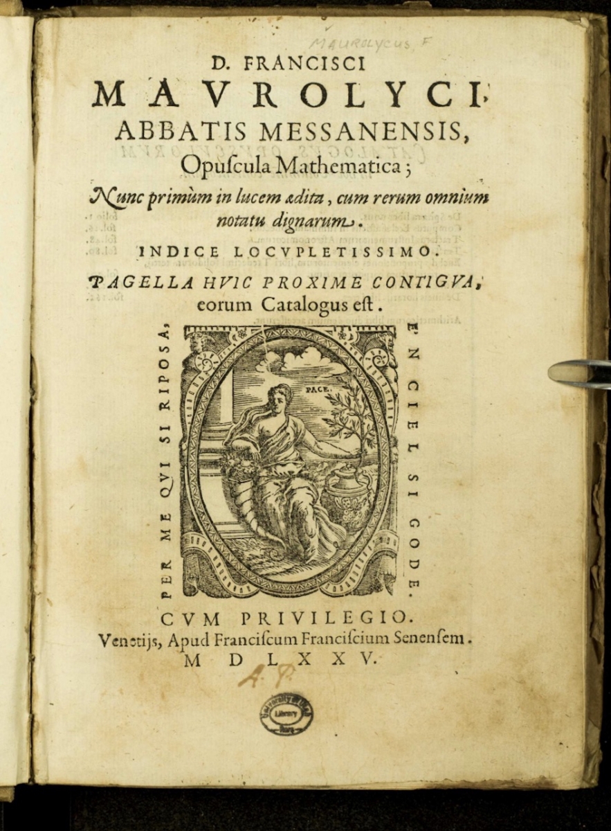 Title page of Maurolico's Opuscula mathematica, 1575.