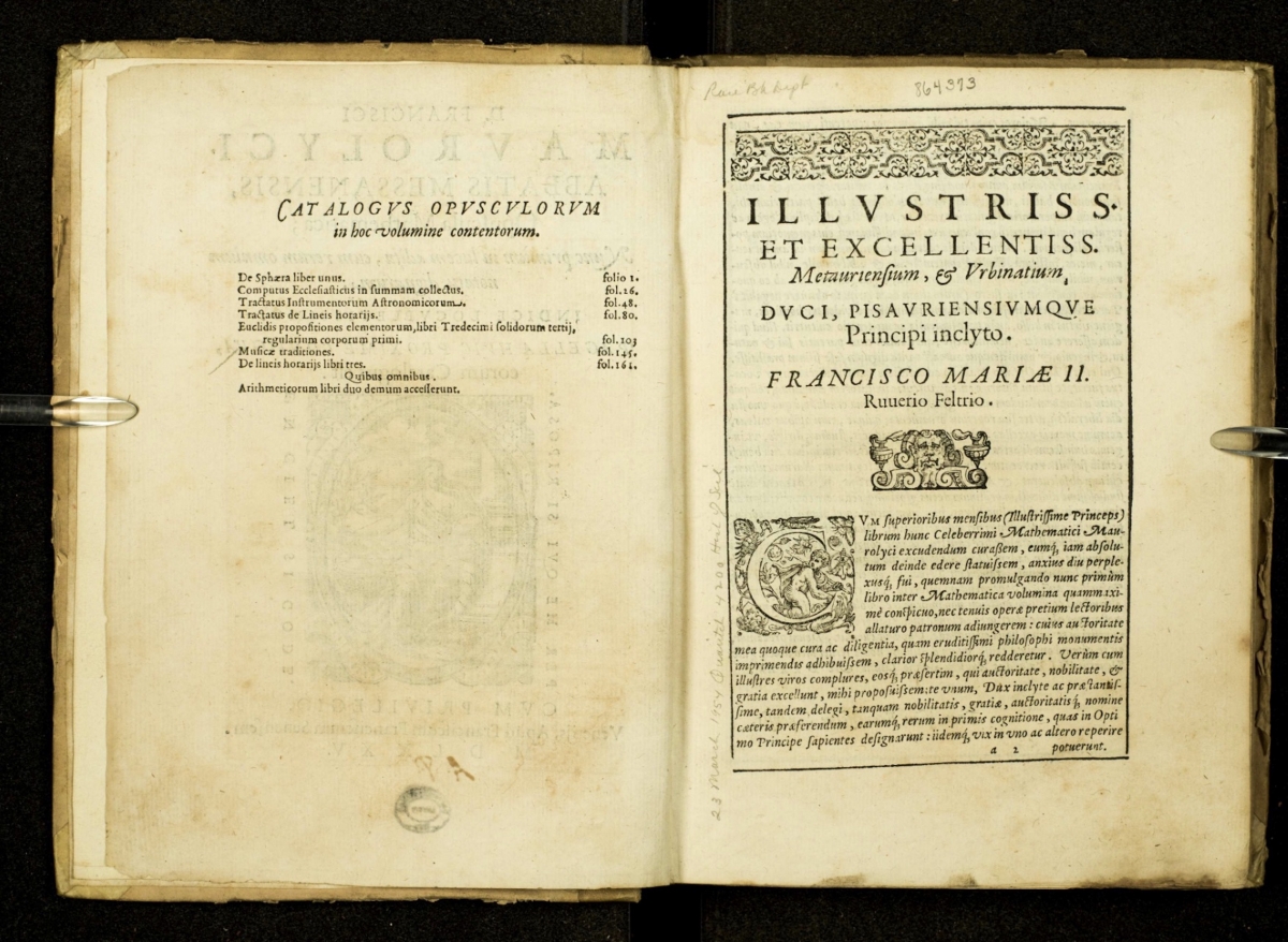Dedication page of Maurolico's Opuscula mathematica, 1575.