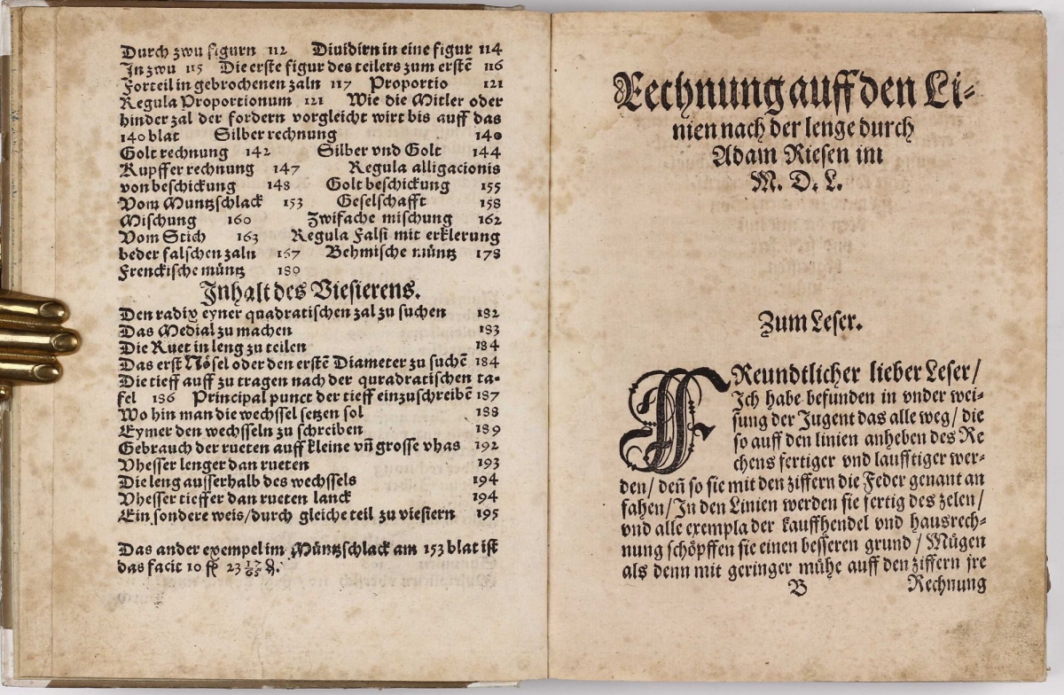 Table of contents and opening page from Adam Riese's 1550 Rechenung nach der Lenge.