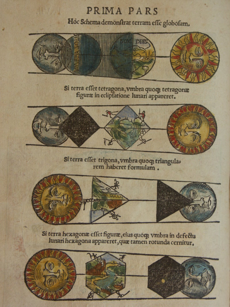 Hand-colored eclipse plate from a 1539 printing of Peter Apian's Cosmographia.