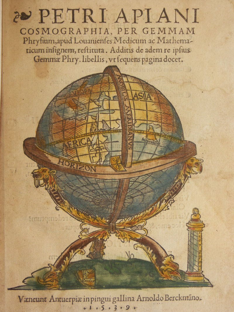 Hand-colored title page from a 1539 printing of Peter Apian's Cosmographia.