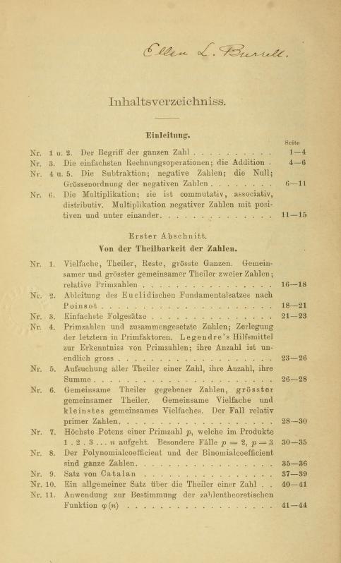 First page of table of contents for Die Elemente der Zahlentheorie by Paul Bachmann, 1892
