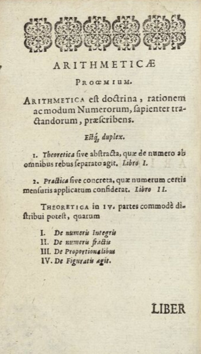 Arithmetic proscenium from Johann Jakob Heinlin's 1653 Synopsis Mathematica.