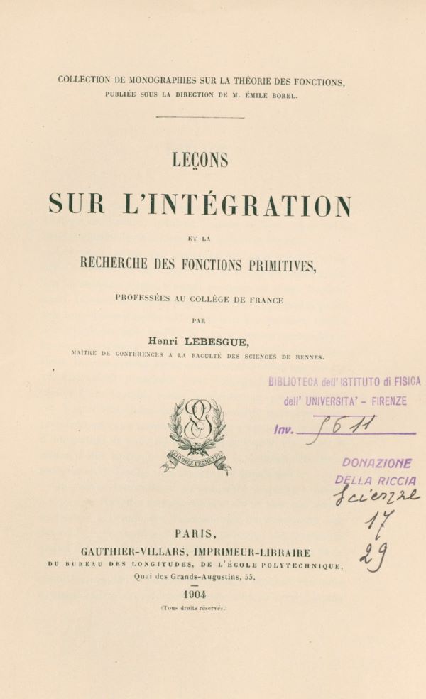 Title page for Leçons sur l'intégration by Henri Lebesgue, 1904.