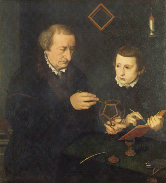 Portrait of Johann Neudorffer showing a geometric figure to a child.