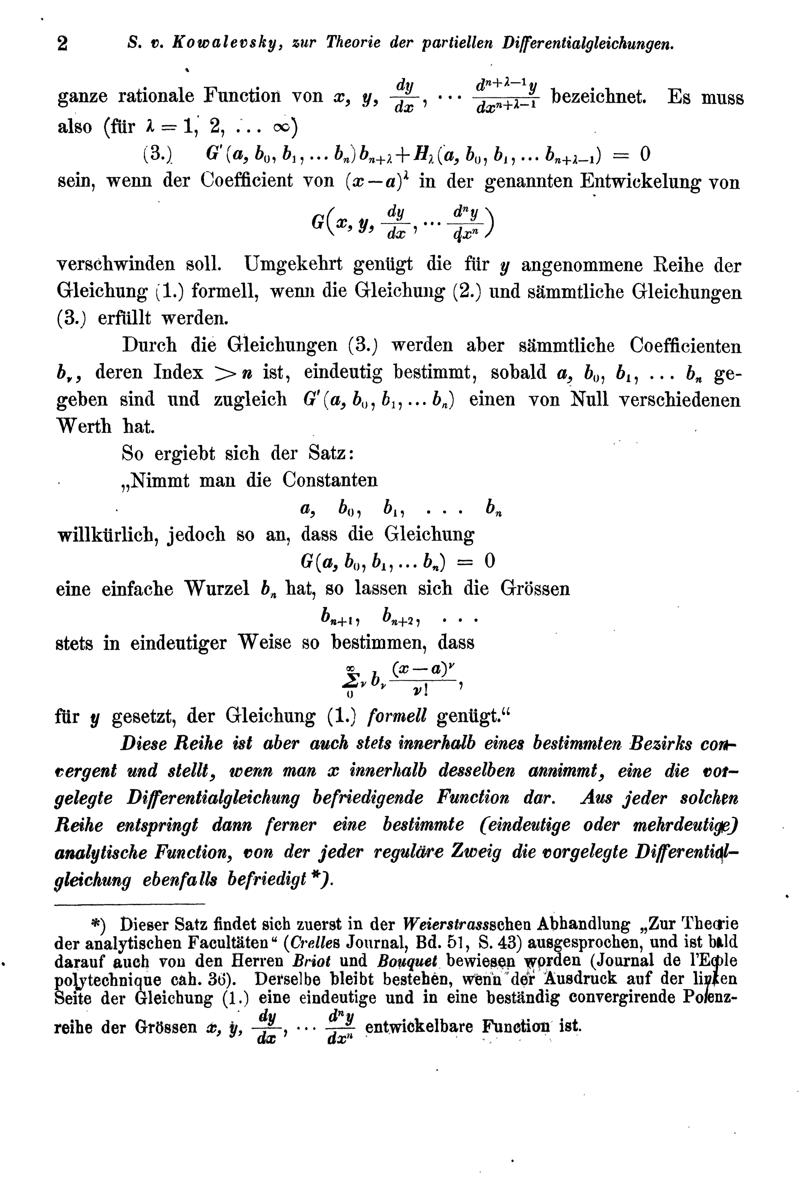 Second page of Kovalevskaya's 1875 article on partial differential equations.
