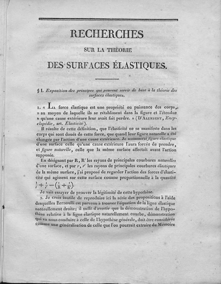 First page of Sophie Germain's 1821 Recherches sur la theorie des surfaces elastiques.