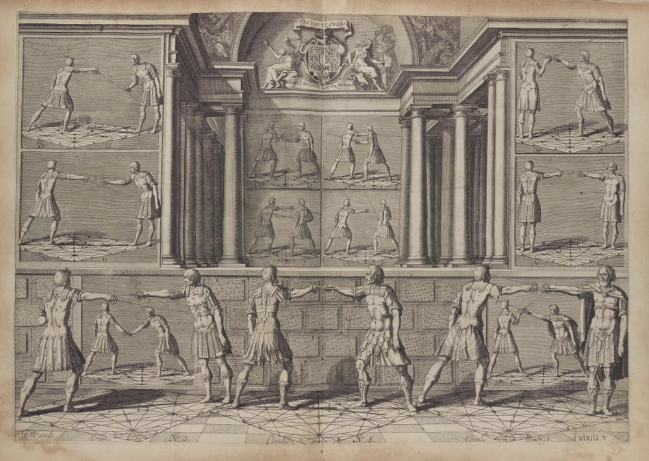 Illustration of fencers following geometrical patterns from Thibault's 1628 fencing manual.