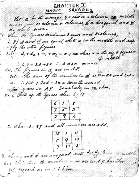 Page from Ramanujan's notebooks, dealing with magic squares.