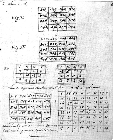 Page from Ramanujan's notebooks, showing some of his work combining series with magic squares.