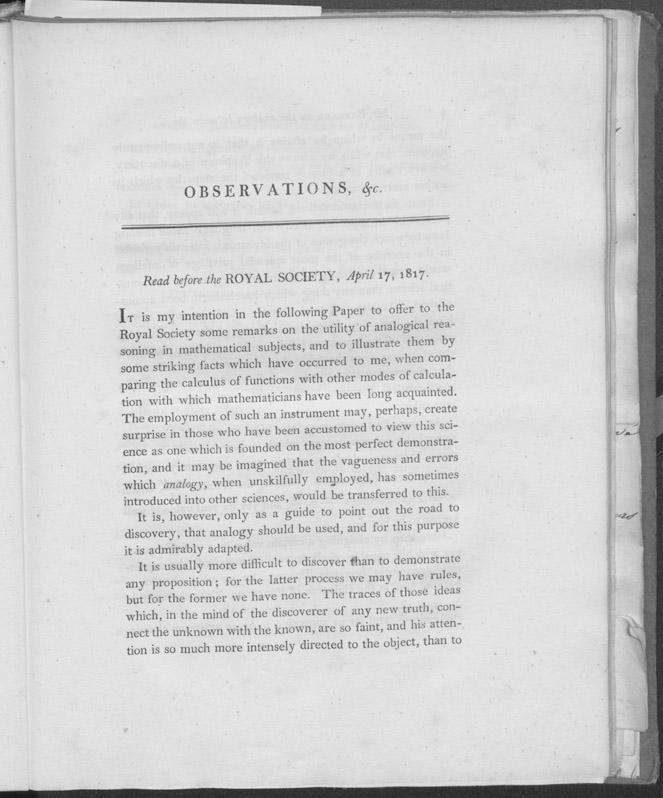 First page of Babbage's article, “Observations on the analogy which subsists between the calculus of functions and the other branches of analysis.”
