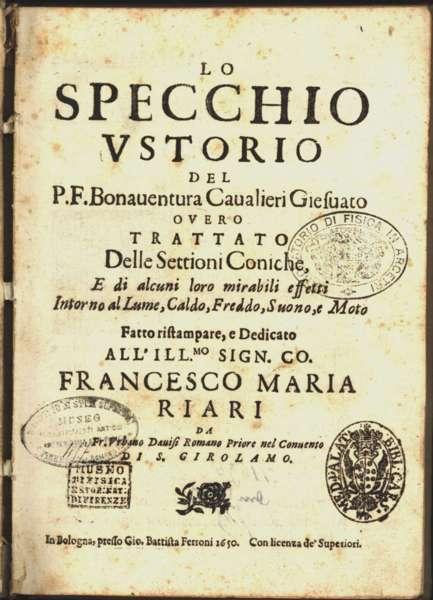Title page from Bonaventura Cavalieri’s Lo specchio ustorio (1650 printing).