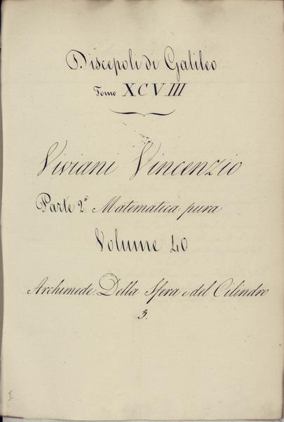 Cover page from one of Viviani's notes on Galileo's theories.
