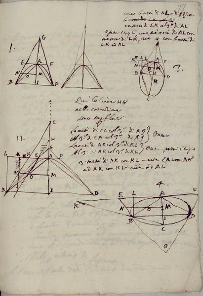 Diagram page from one of Viviani's volumes of notes on Galileo's theories.