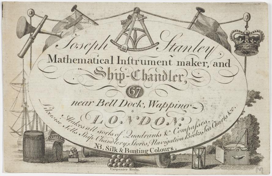 Advertisement by chandler and instrument maker Joseph Stanley, 18th century.