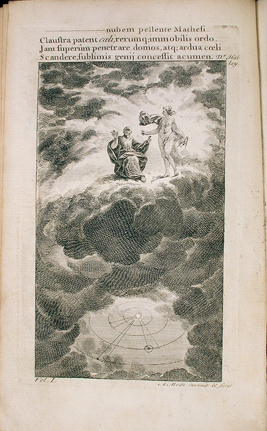 Frontispiece from Andrew Motte's English translation of Newton's Principia, volume 1, 1729