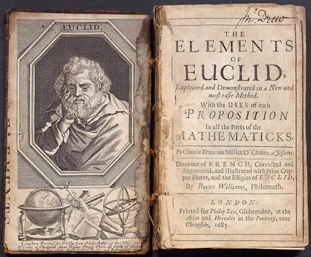Frontispiece and title page of Reeve Williams's 1685 English translation of Dechales's French Euclid.