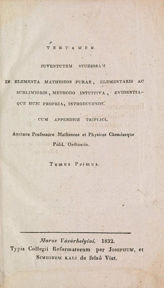 Title page for Tentamen juventutem studiosam by Farkas Bolyai.