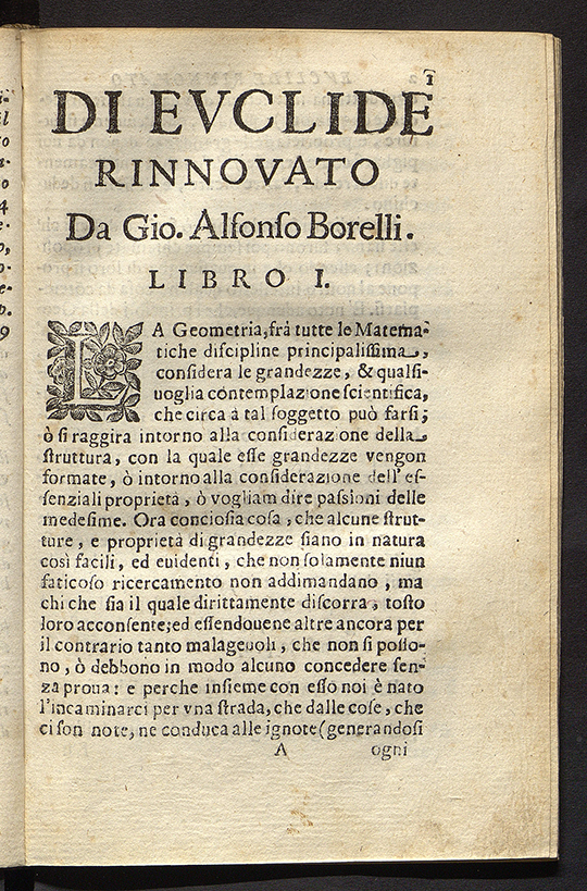 Page 1 of Euclide rinnovato by Giovanni Alfonso Borelli, 1663