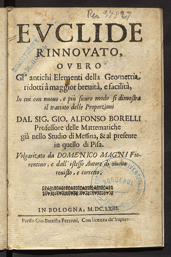 Title page of Euclide rinnovato by Giovanni Alfonso Borelli, 1663