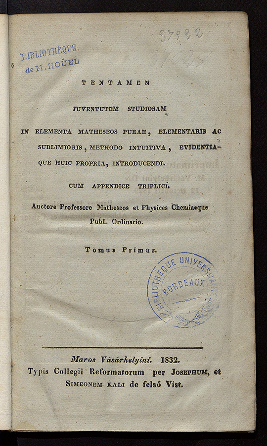 Title page of first volume of Tentamen juventutem studiosam in elementa matheseos purae by Farkas Bolyai, 1832