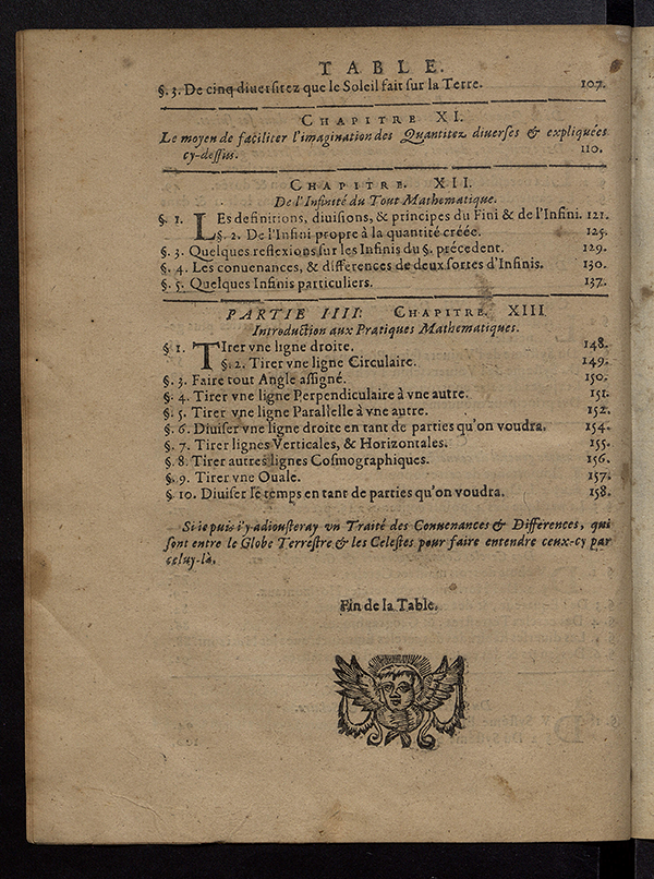 Third page of table of contents from Traité de la Quantitée by Jean François, 1655