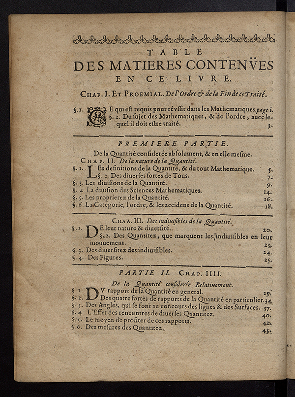 First page of table of contents from Traité de la Quantitée by Jean François, 1655