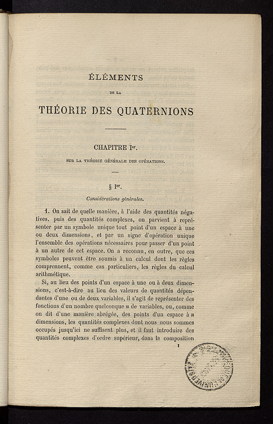 First page of Eléments de la théorie des quaternions by Jules Hoüel, 1874