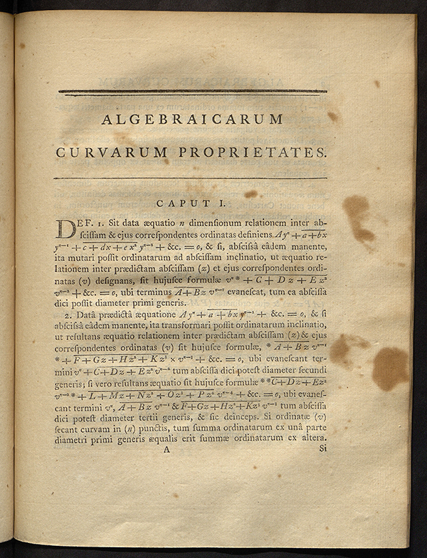 Page 1 of Proprietates algebraicarum curvarum by Edward Waring, 1772