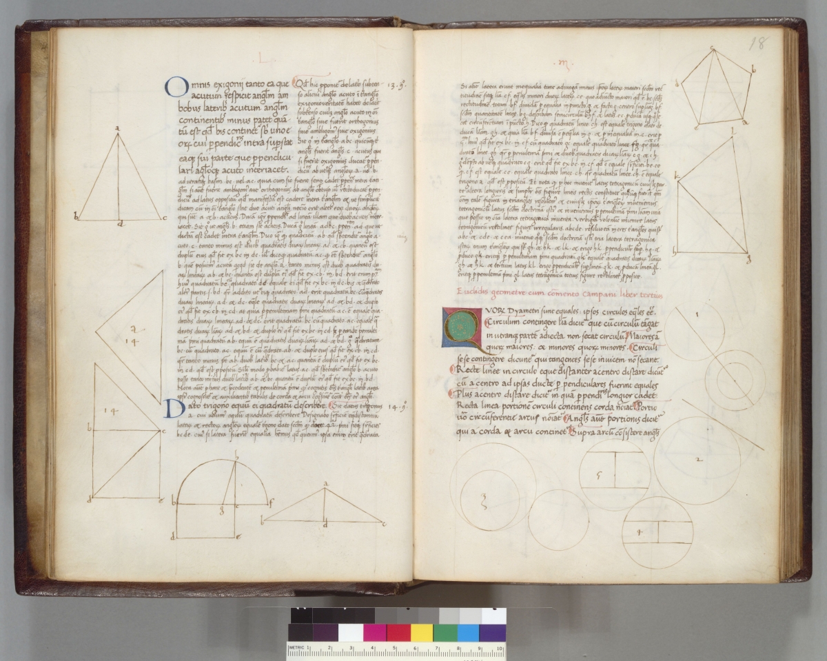 Folia from a 1541 manuscript copy of Euclid's Elements.