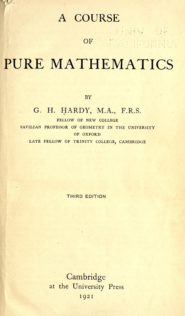 Title page of A Course in Pure Mathematics by G. H. Hardy, third edition, 1921