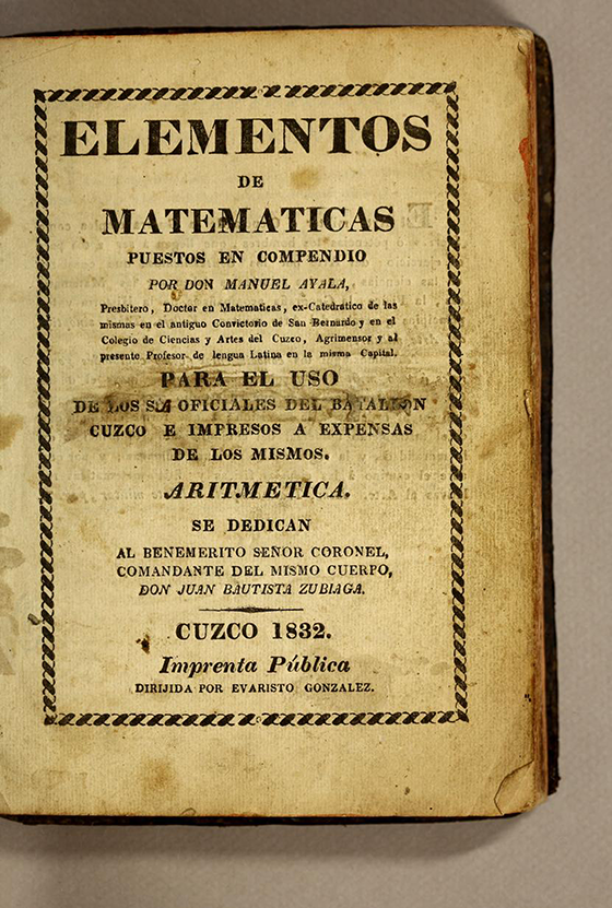 Title page of Manuel Ayala's 1832 Elementos de mathematicas.
