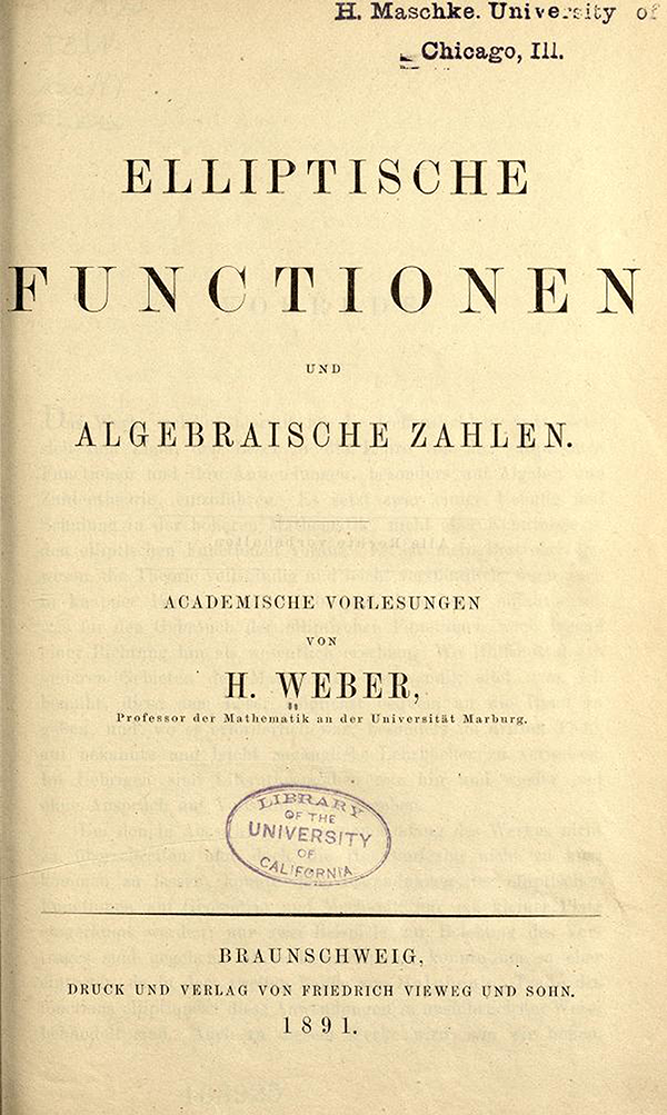 Title page of Elliptische Functionen und Algebraische Zahlen by Heinrich Weber