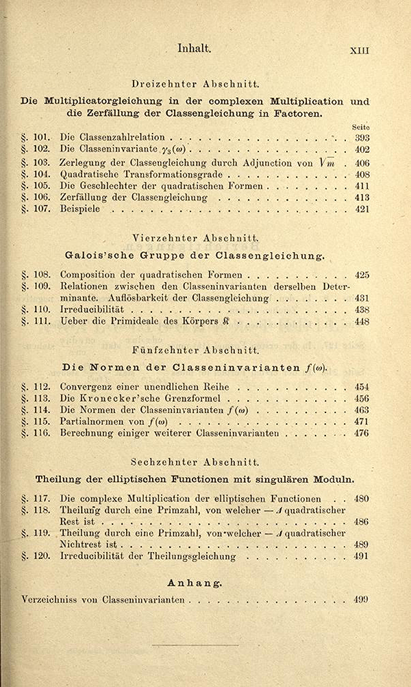 Fifth page of table of contents of Elliptische Functionen und Algebraische Zahlen by Heinrich Weber