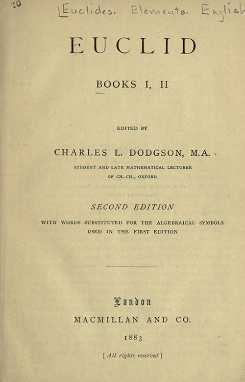 Title page of Euclid Books I, II, second edition by Charles Dodgson, 1883