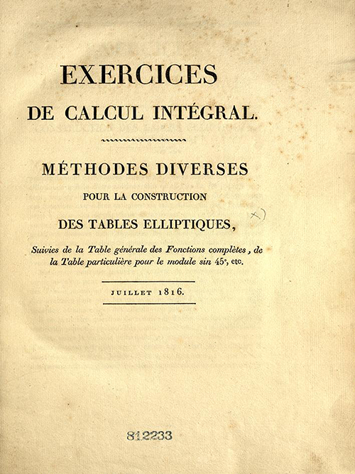 Second title page which emphasizes tables of elliptical functions in Exercises de Calcul Integral by Adrien-Marie Legendre, third volume, published in 1816